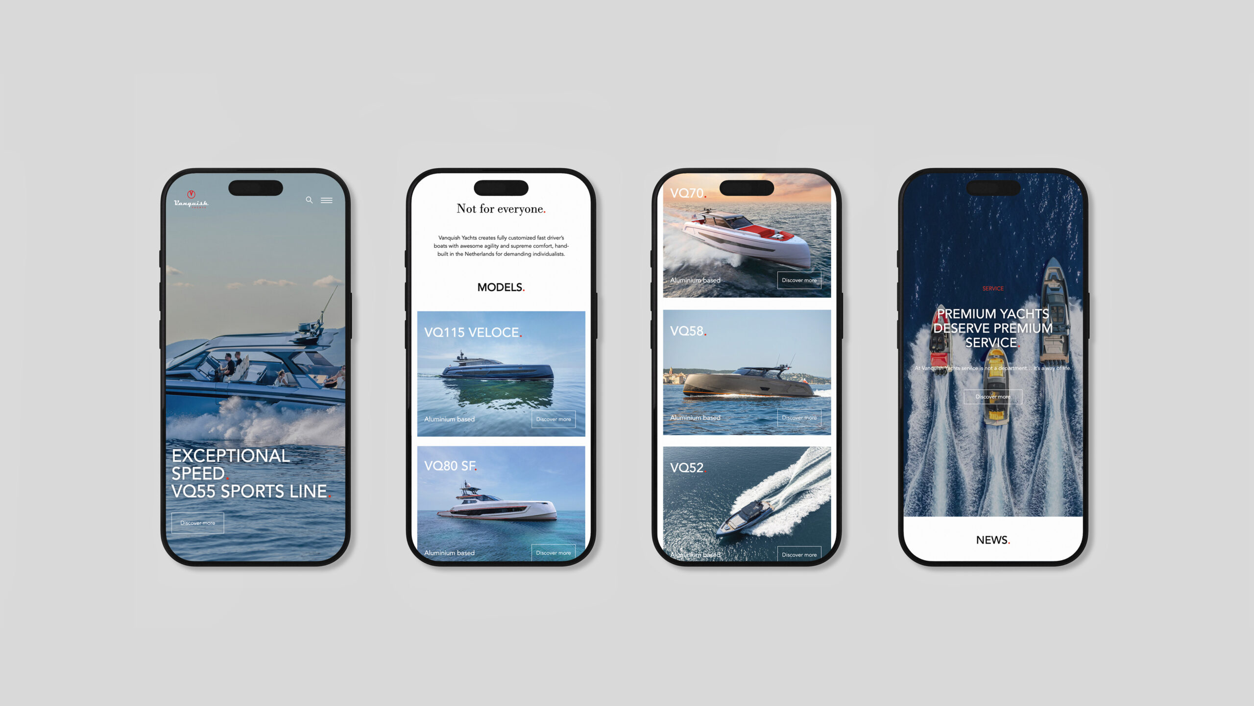 The responsive version of the Vanquish Yachts website shown on a mobile device