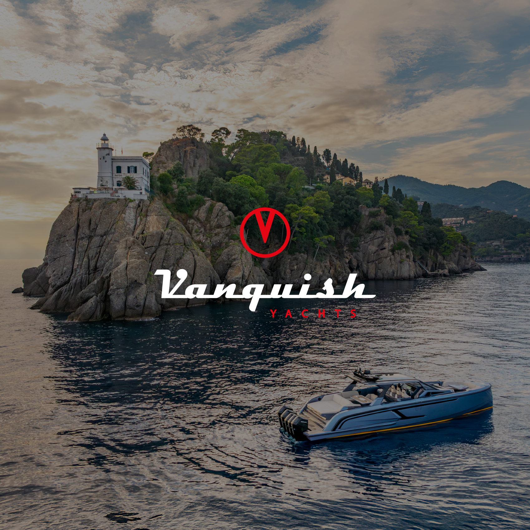 The Vanquish Yachts Logo - white on image