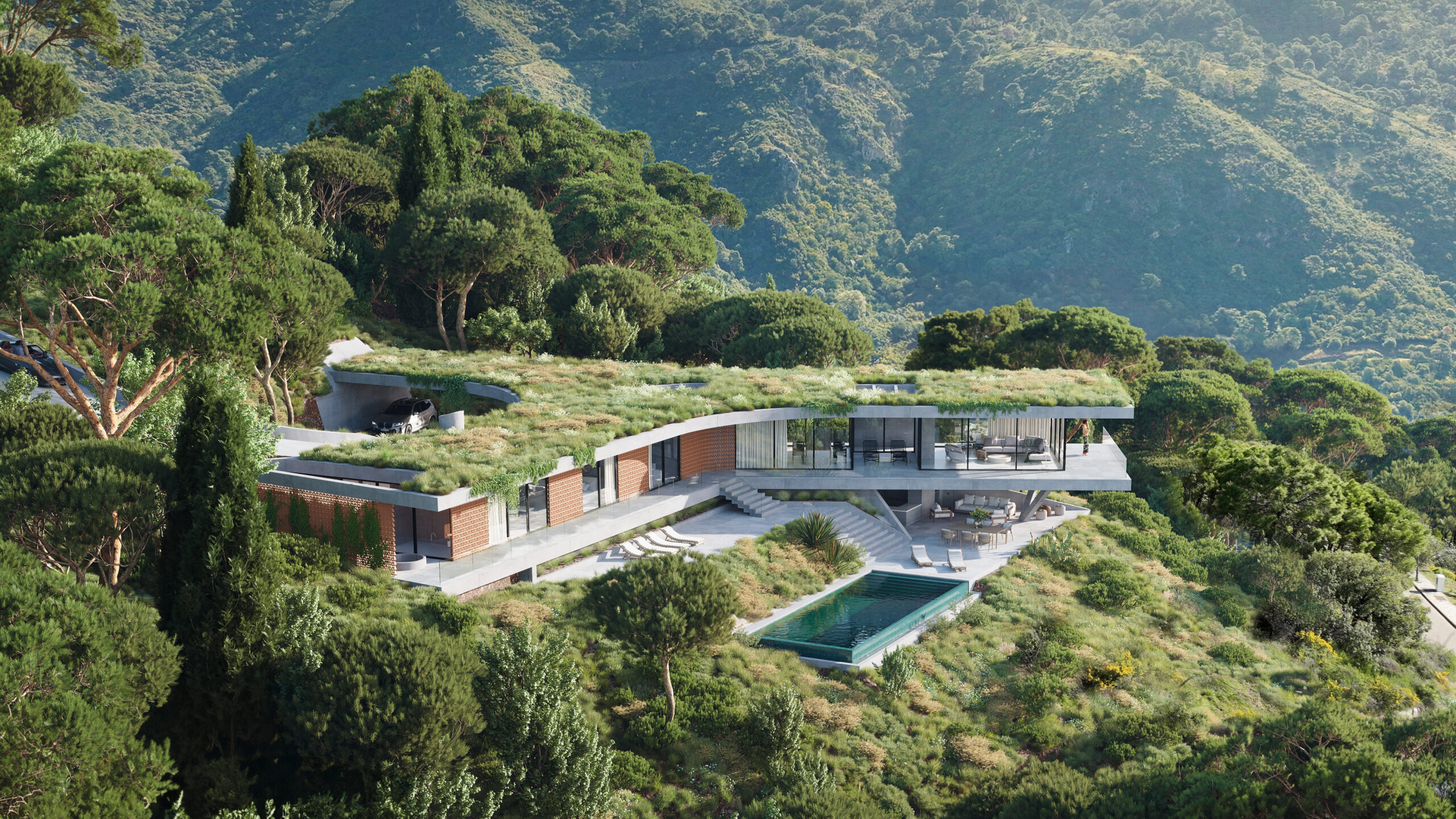 An areal view of a Vitae Villa embedded in the hillside