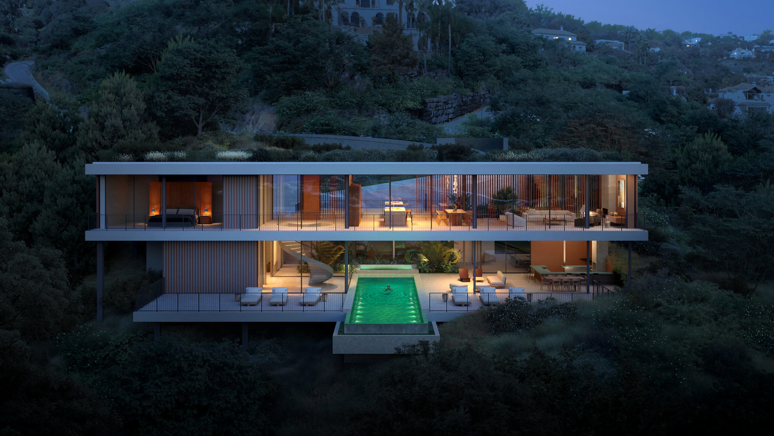 A front view of a Vitae Villa at night
