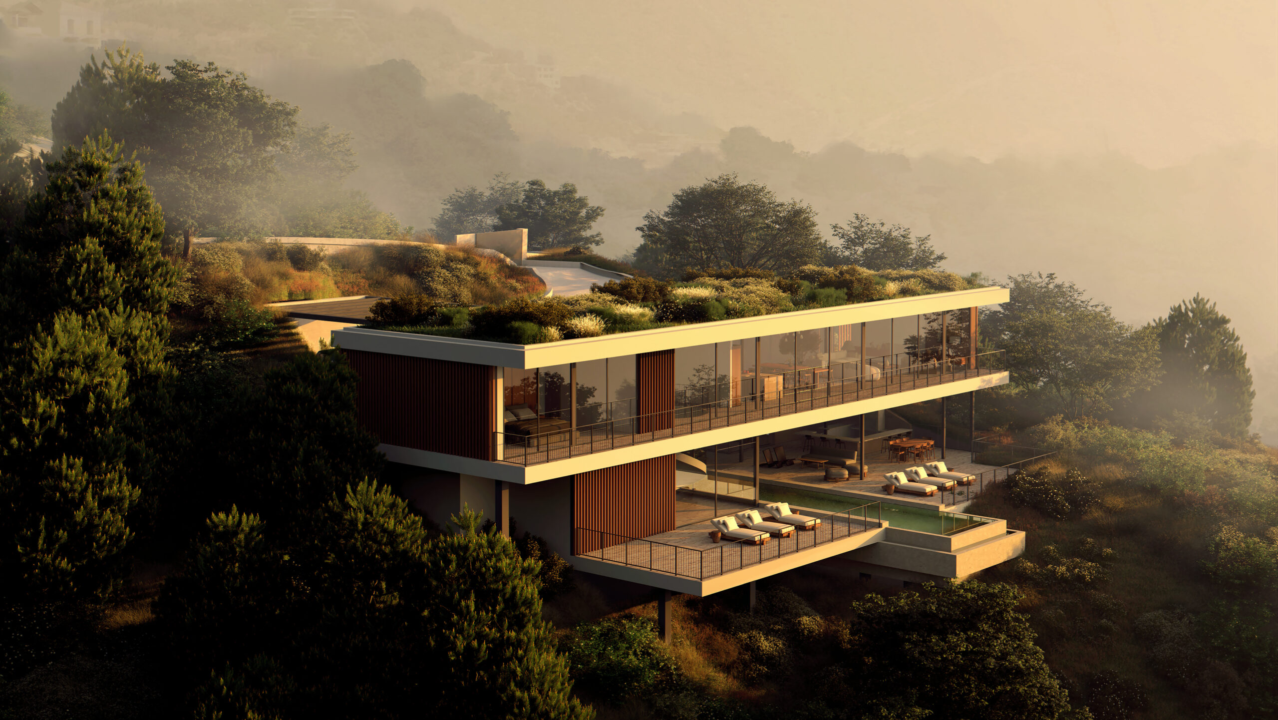 An areal view of a Vitae Villa at sunrise