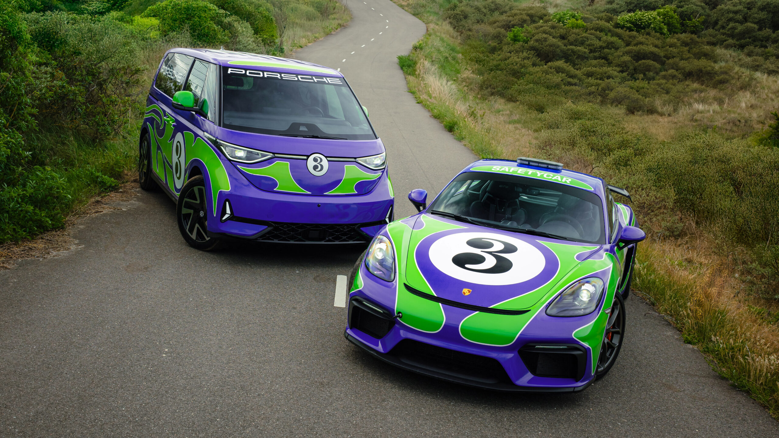 The 'Hippie' livery designed by AGH & Friends on the 718 Cayman GT4 and Volkswagen ID. Buzz.
