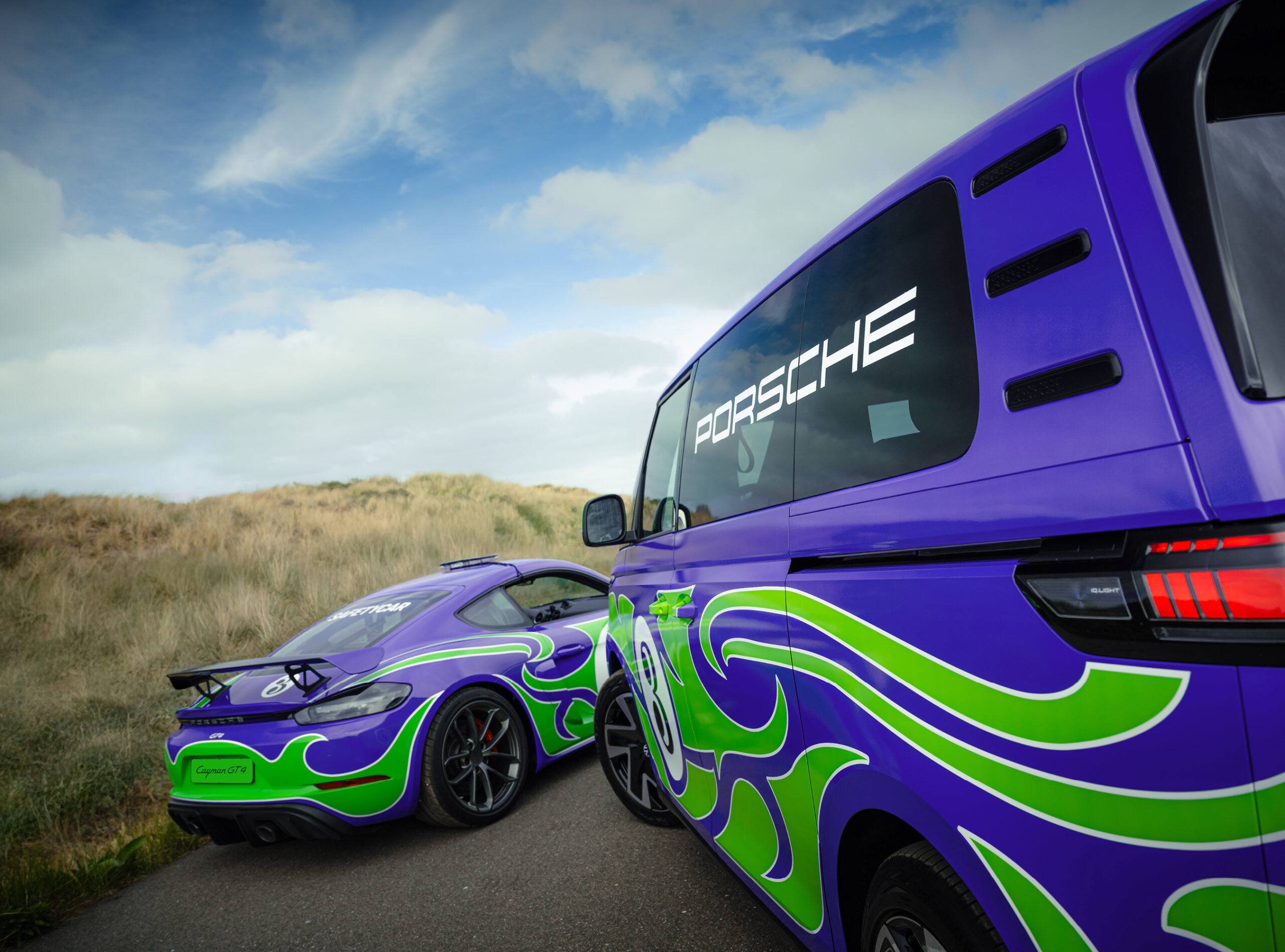 The 'Hippie' livery designed by AGH & Friends on the 718 Cayman GT4 and Volkswagen ID. Buzz.