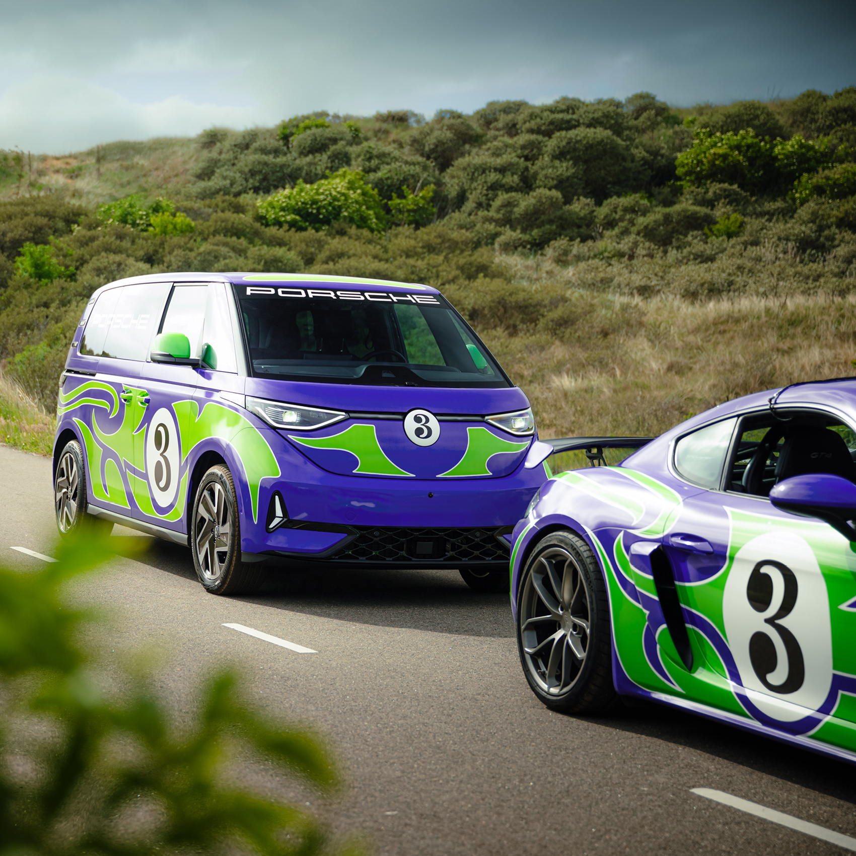 The 'Hippie' livery designed by AGH & Friends on the 718 Cayman GT4 and Volkswagen ID. Buzz.