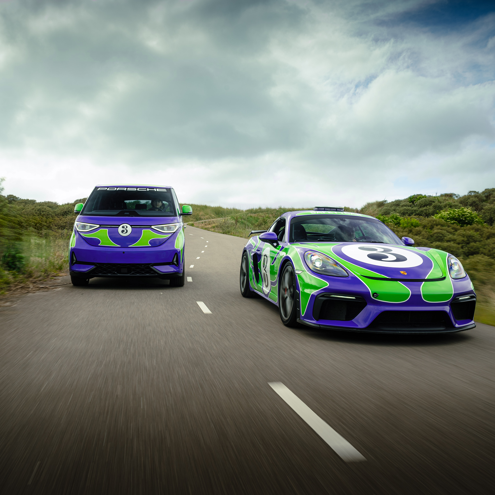 The 'Hippie' livery designed by AGH & Friends on the 718 Cayman GT4 and Volkswagen ID. Buzz.