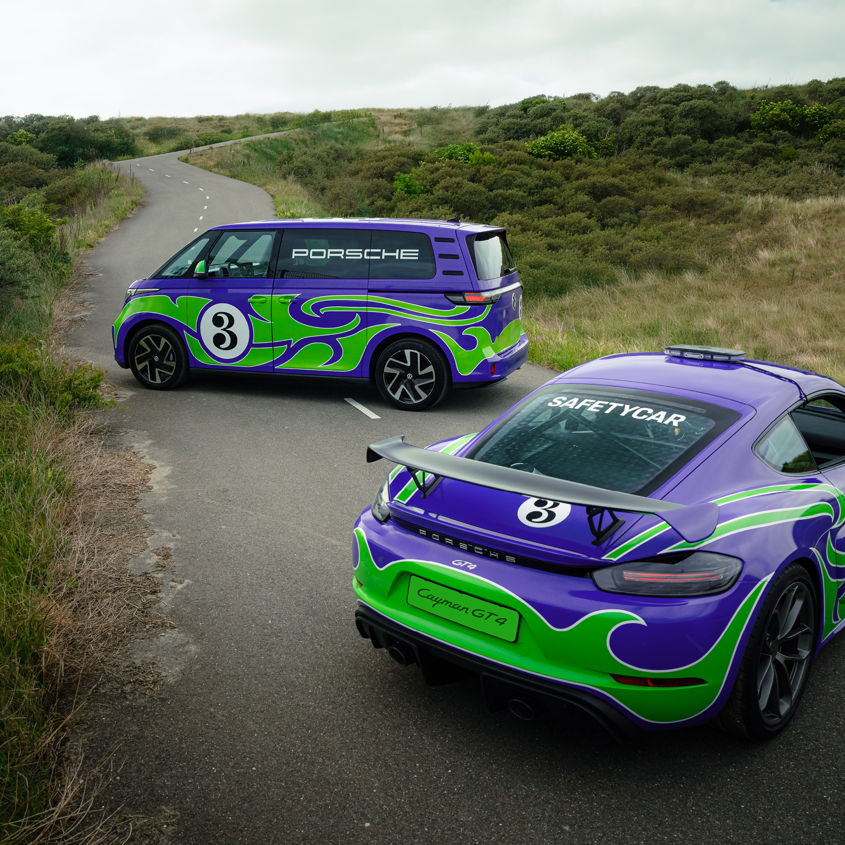 The 'Hippie' livery designed by AGH & Friends on the 718 Cayman GT4 and Volkswagen ID. Buzz.